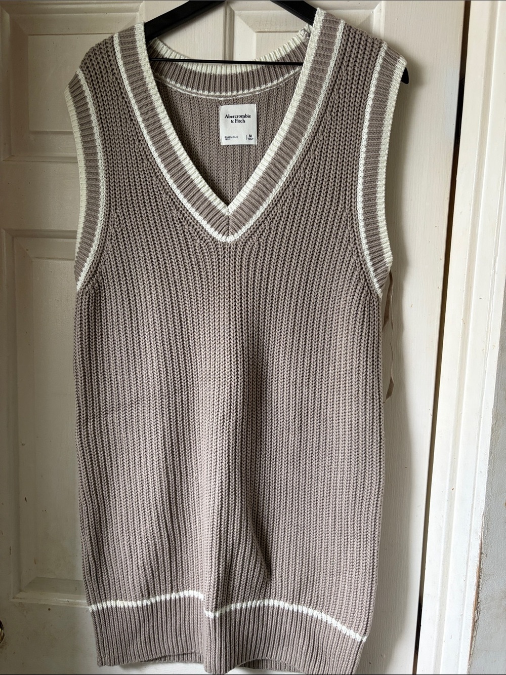 Abercrombie & Fitch Taupe V-Neck Knit Sweater Vest with White Trim